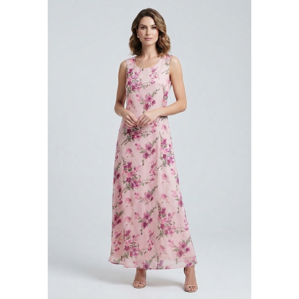 Vtg Bentley Floral Maxi Dress Pink Sz10 Chiffon Slit Elegant Sleeveless Ethereal - Picture 1 of 6